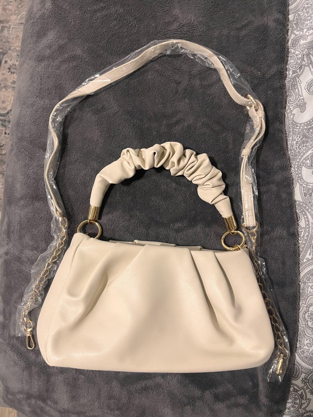 Cream Ruched Top Handle Shoulder Bag